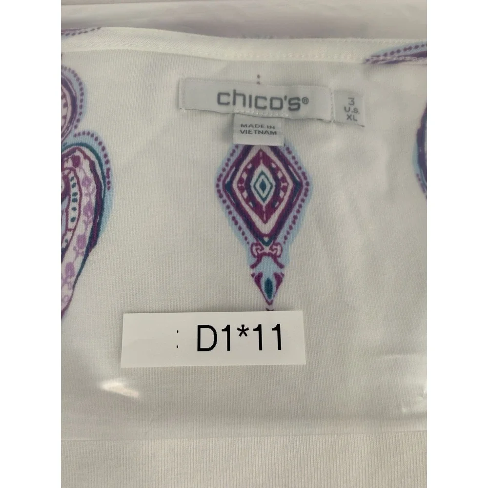 Chico's Knit Square Neck White Purple Paisley Chiffon Flutter Sleeve Top SZ-3-XL